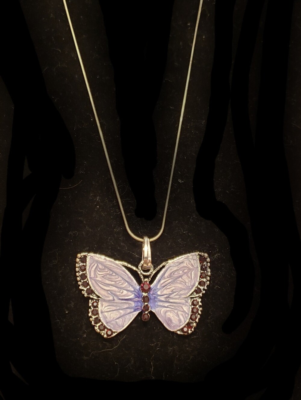 NEW Butterfly Pendant Necklace, Purple & Bejeweled, Long Silver Snake Chain